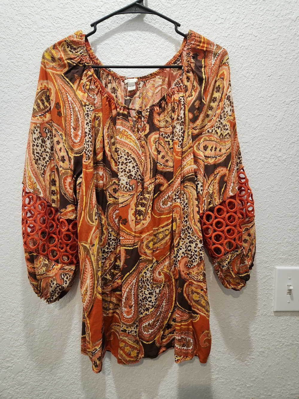 Women's Orange Paisley Peasant Tunic with Crochet Sleeve Detail